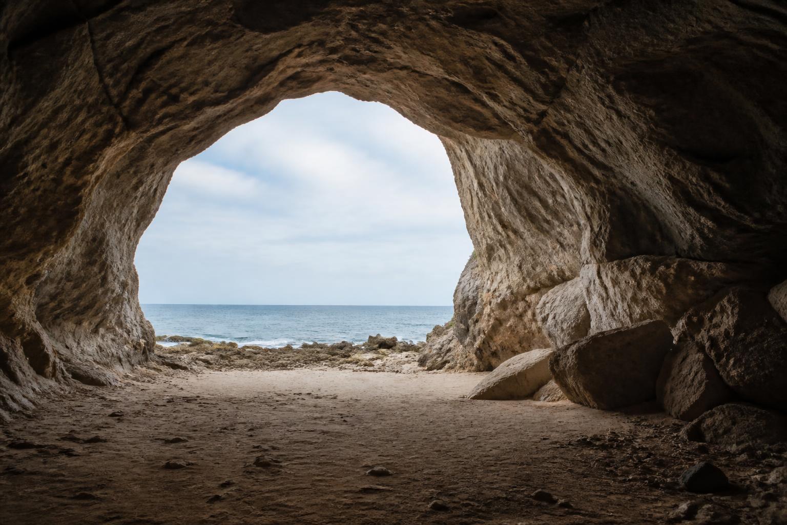 Welcoming cave entrance with open space and soft daylight.