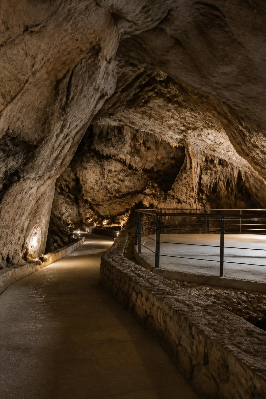 Clean cave entrance area with viewing platform and warm stone textures.